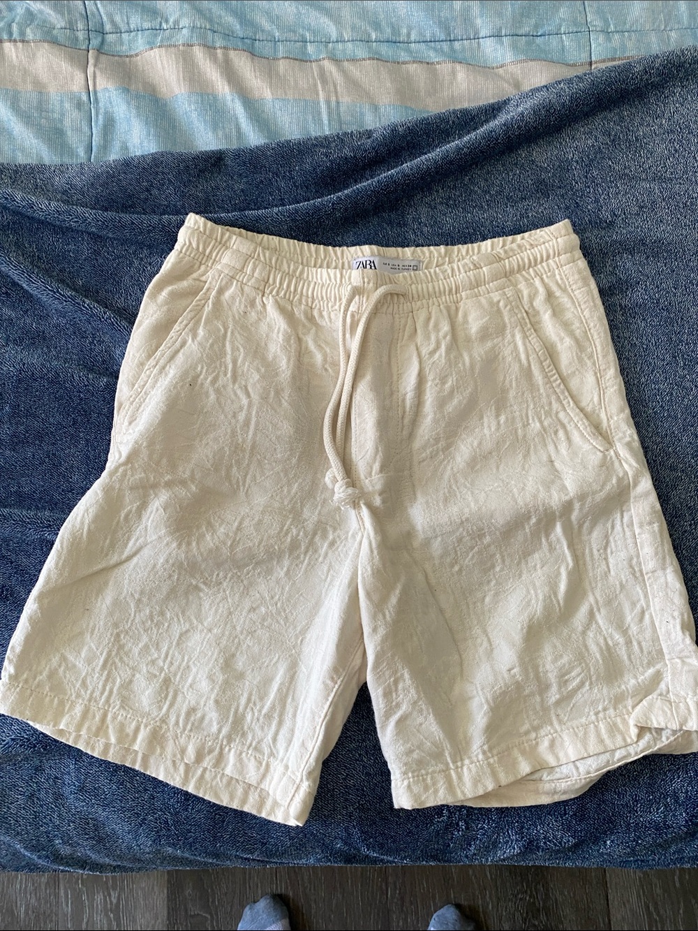 Zara Men Cream Drawstring Linen-Blend Hybrid Shorts